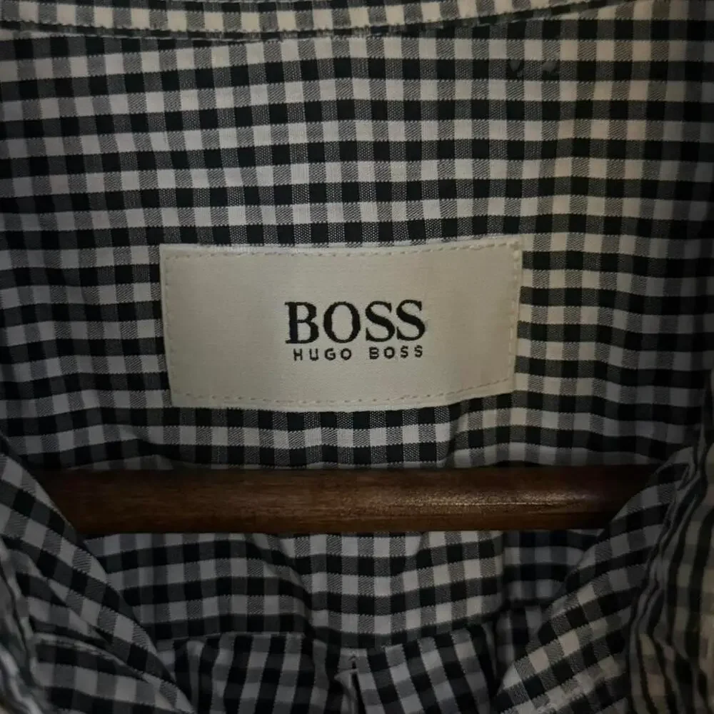 Hugo Boss Men’s Gingham Check Button Down Dress Shirt Black White